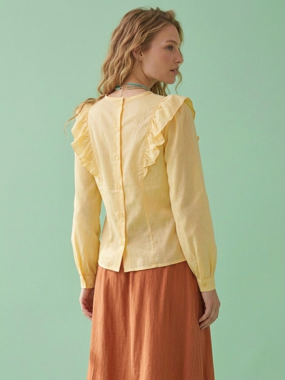 Vintage 70s You Babes Pastel Yellow Ruffle Tuxedo Pleat Blouse Back Button Sz S - Picture 15 of 16